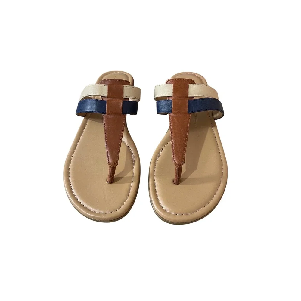 Rockport Walkability Leather Thong Sandals Navy Brown Cream Flat Slides Size 6.5